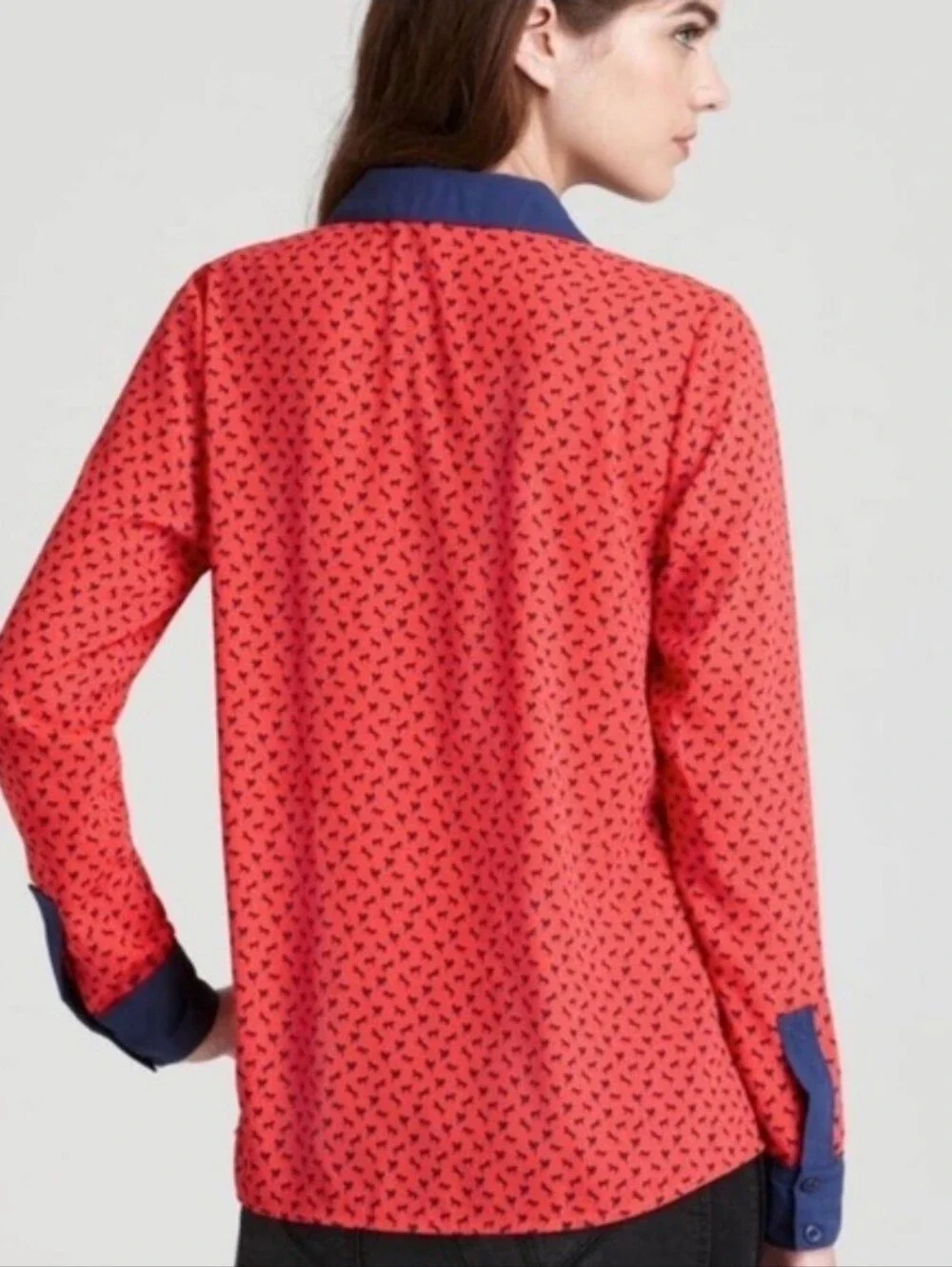 Free People Red Navy Equestrian Horse Print Oversized Blouse Shirt Womens Medium